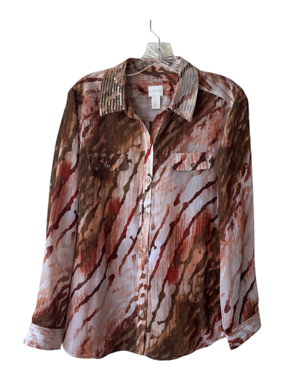 Chicos 1 Neutral Zebra Chic Joceline Sequin Collar Button Down Shirt Blouse M